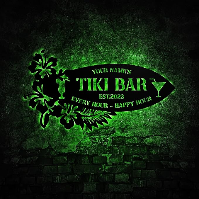Personalized Tiki Bar Decor LED Tin Metal Sign Wall Art, Backyard Grill Pool Area Decorations, Poolside Tiki Bar Beach House Gifts