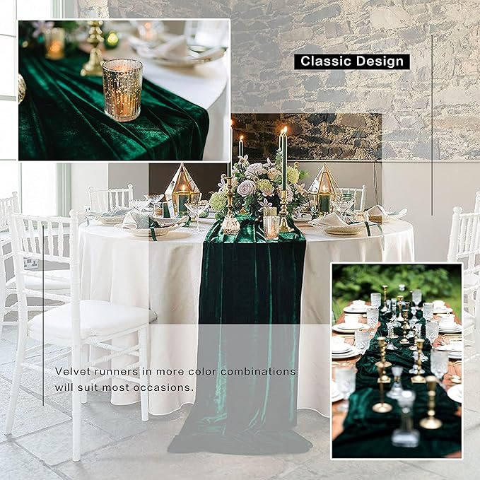 Emerald Green Velvet Table Runner, Luxurious Wedding Table Runner Decorations, 20 x 120 inch 10ft Velvet Fabric Table Linen Overlay for Party