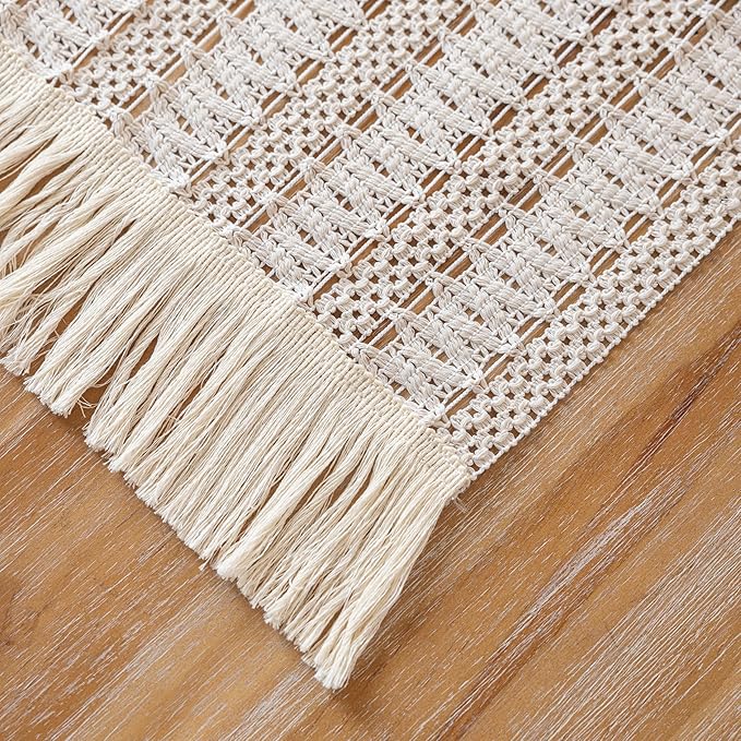 Boho Table Runner White for Home Decor 12x90 Inches Farmhouse Macrame Burlap Jute Rustic Dining Kitchen Centerpiece Bohemian Decor French Country Baby Bridal Shower Decorations
