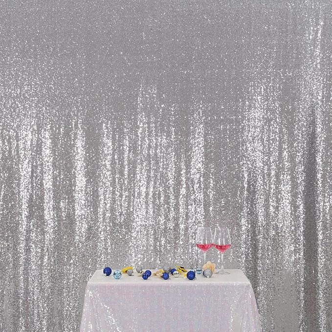 Poise3EHome Silver Sequin Backdrop,7FT x 7FT Sequin Photography Backdrop Curtain for Party Decoration, Silver