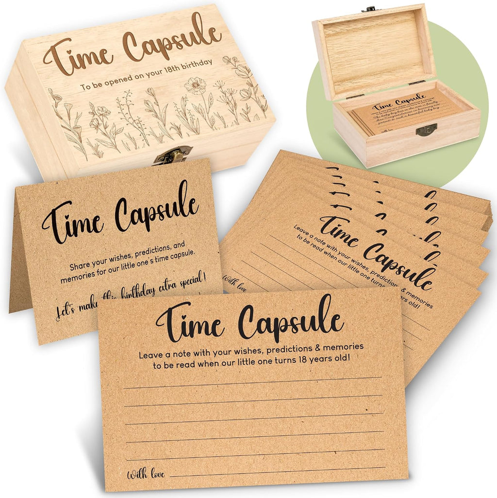 WOODAMORE Baby Time Capsule Box 1st Birthday Keepsake - Baby Time Capsule For First Birthday Party Games, 1st Birthday Activities For Party, Time Capsule Cards For 50 Guests, Baby Shower Game