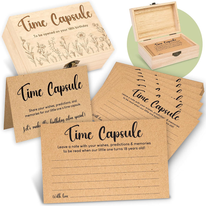 WOODAMORE Baby Time Capsule Box 1st Birthday Keepsake - Baby Time Capsule For First Birthday Party Games, 1st Birthday Activities For Party, Time Capsule Cards For 50 Guests, Baby Shower Game