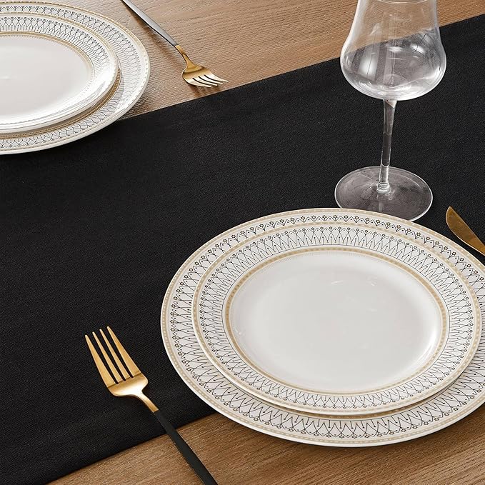 ZeeMart Linen Textured Border Table Runner, 14 x 60 Inch Black, Farmhouse Style Black Table Runners 60 Inches Long, Easy Care Everyday Polyester Table Runner