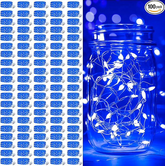pozzolanas 100 Pack Blue Battery Operated String Lights - 7ft Waterproof Firefly Lights with 20 LEDs for Home, Mason Jar, Party, Wedding, Halloween, Christmas Decorations