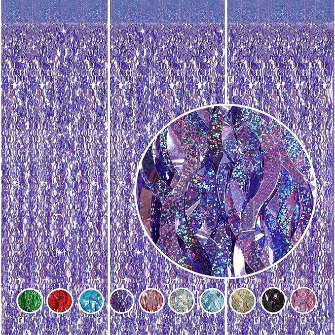 Purple Foil Fringe Curtains Party Decorations - CYLMFC 3 Pack 3.3 ft x 6.6 ft Foil Party Curtain for Hallowee Christmas Graduation Decor
