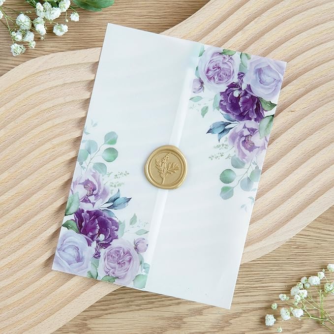 PONATIA 50 PCS Purple Vellum Jackets for 5x7 Invitation Cards- 135GSM Lilac Floral Printed Vellum Sleeves, Quinceanera Wedding Invitation Cards Wraps, Transparent Christmas Gift Cards Jackets