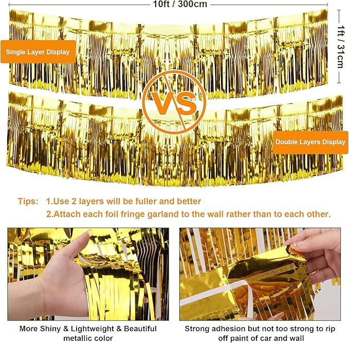 4 Pack Iridescent Float Fringe Curtains, Metallic Foil Fringe Garland Shiny Tassel Foil Float Parade Float Decorations for Trailer Car Graduation Homecoming Outdoor Indoor Party (Gold)