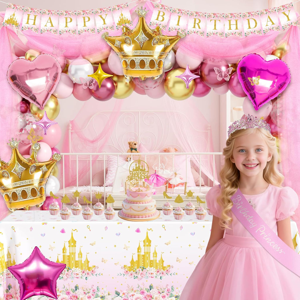 thaway princess birthday decorations pink gold balloon arch on a desk or shelf