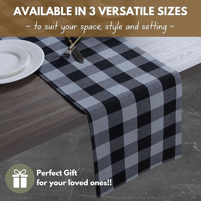Native Fab Table Runner Buffalo Check Plaid 100% Cotton - 13x72 Inches Kitchen Dining Table Decoration for Indoor Outdoor Farmhouse Home Party Decor - Black, Grey
