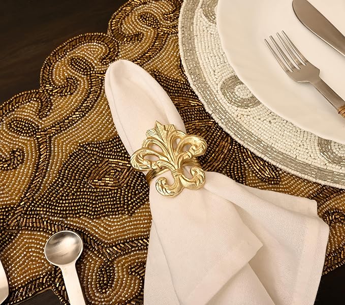Lightweight Metal Napkin Rings Set of 12 - Fleur-de-Lis Napkin Holders for Dining Table, Weddings, and Special Events - Elegant Table Décor for Home & Restaurants (Gold) - CLEENTABLE