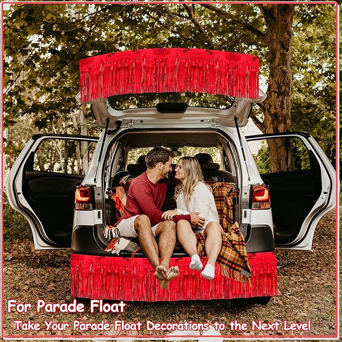 4 Pack 10 Feet Glitter Red Parade Float Decorations for Trailer Car, Glitter Foil Fringe Metallic Tinsel Streamers Banner Garland for Graduation Weeding Homecoming Birthday Party (Glitter- Red)