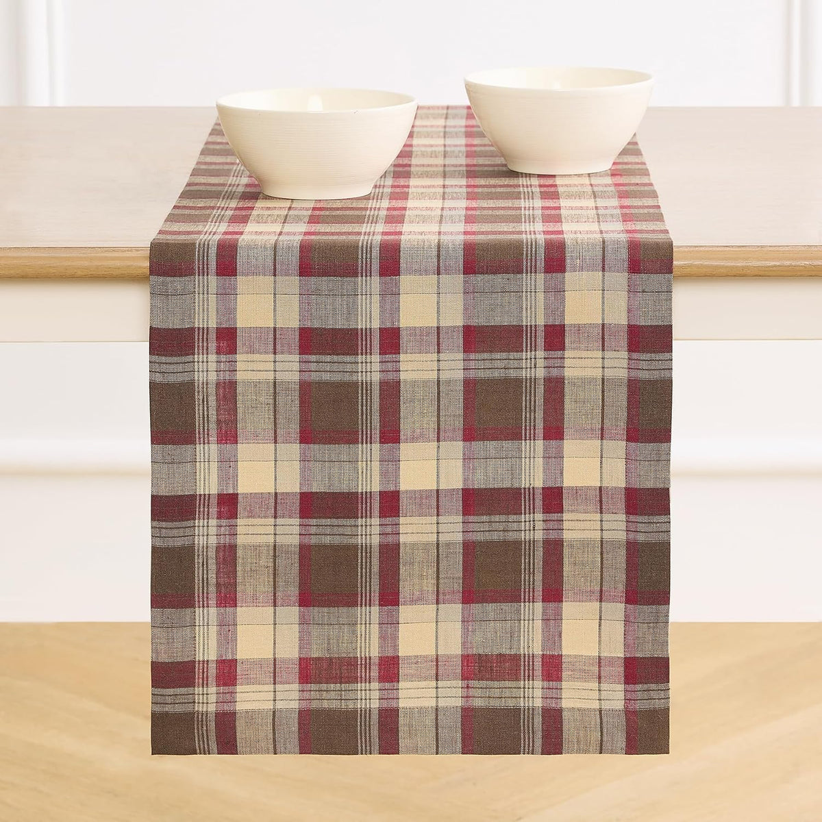 Solino Home 100% Linen Table Runner Multicolor, Rustic Plaid 14 x 72 in