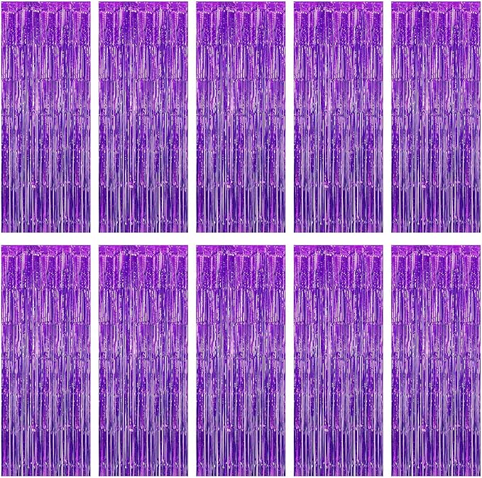 10 Pack Purple Foil Curtain Backdrop 3.2ft x 9.8ft Black Metallic Tinsel Foil Fringe Curtains Streamer Photo Booth Backdrop for Birthday Party Engagement Bachelorette Party Decorations (Purple)