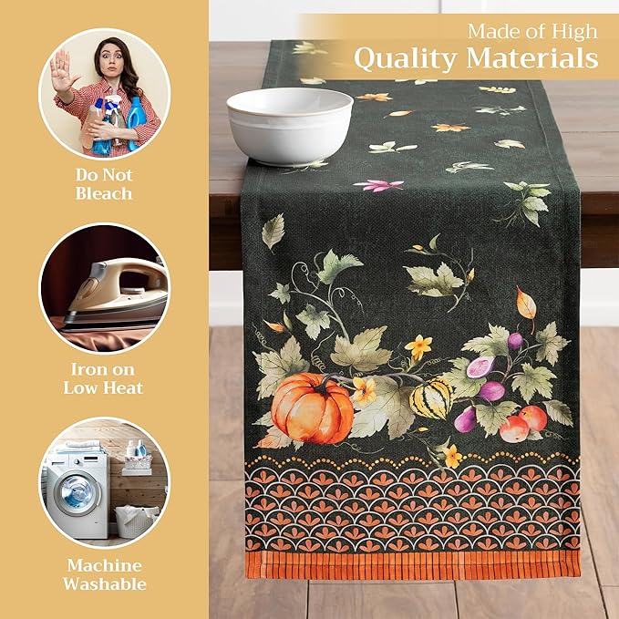 Maison d' Hermine Table Runner 100% Cotton Single Layer Table Runners 108 inches Long for Thanksgiving Christmas Decorations Home Kitchen Dining Wedding (Pumpkin Garden - Dark Green, 14.5" x 108")