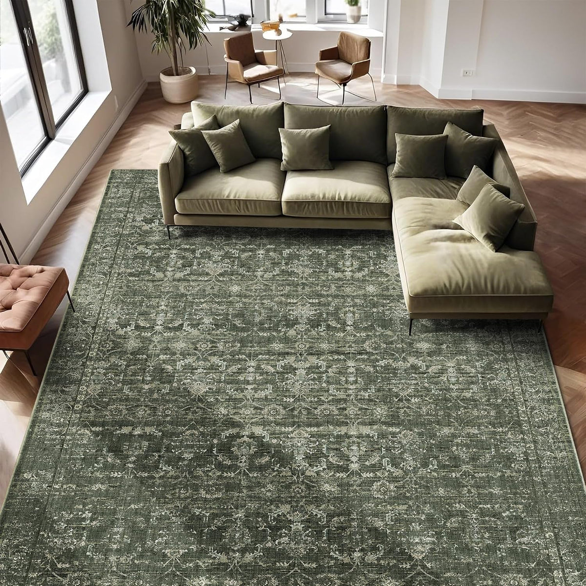 10x14 Washable Living Room Area Rug Soft Boho Dark Green Large Carpet