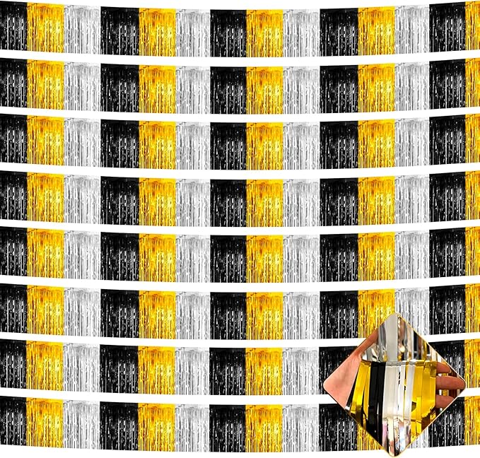 10 Pack 10 Feet Foil Fringe Garland Metallic Tinsel Streamers Banner Wall Hanging Backdrop for Parade Floats, Notorious One Birthday Roaring 20s Graduation Party Decorations(Black Gold Silver)