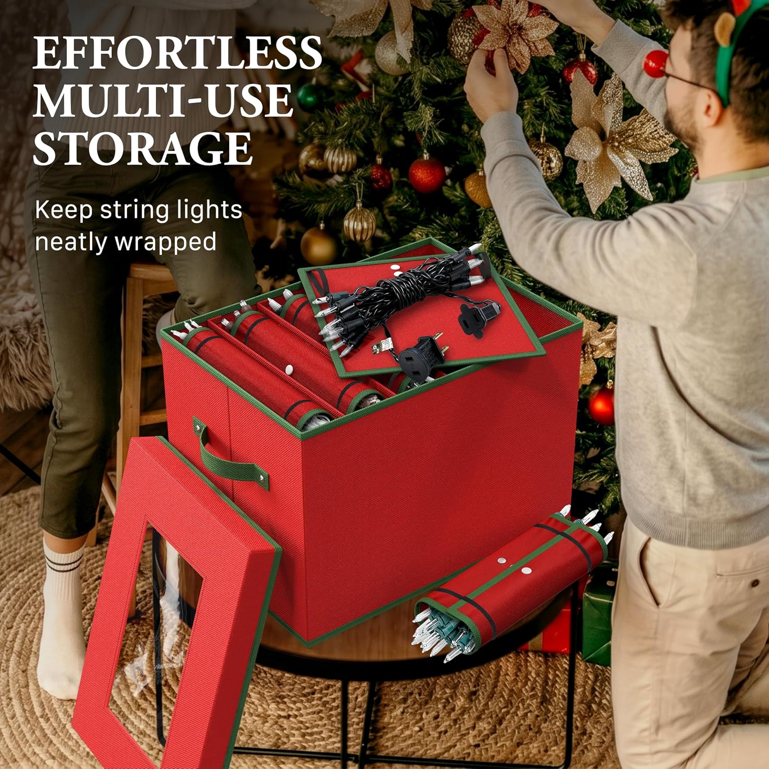 Simple Houseware Heavy-Duty Christmas Ornament Organizer Bin with 6 Padded Wraps, Adjustable Dividers for 12-inch Nutcrackers & Holiday Decorations, Clear Window