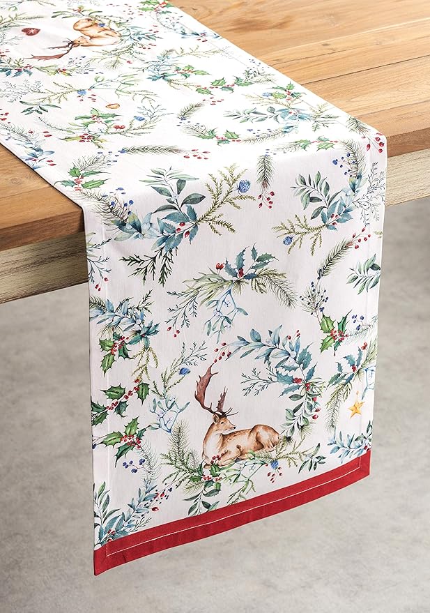Maison d' Hermine Table Runner 100% Cotton Single Layer Table Runners 72 inches Long for Thanksgiving Christmas Decorations Home Kitchen Dining Party Wedding (Holly Time, 14.5" x 72")