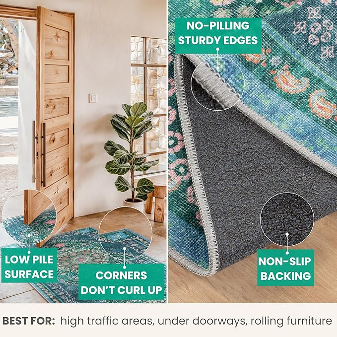 Bloom Rugs Washable Non-Slip 5' x 7' Rug - Green Traditional Medallion Area Rug for Living Room, Bedroom, Dining Room, and Kitchen - Exact Size: 5' x 7'