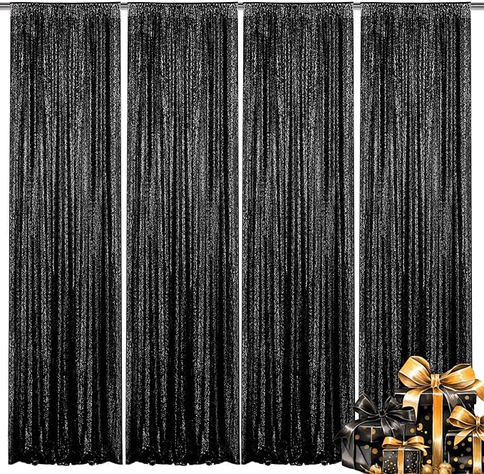 Black Sequin Backdrop Curtain 4 Pieces 2FTx8FT Glitter Photography Backdrop for Party Wedding Birthday Christmas Decorations