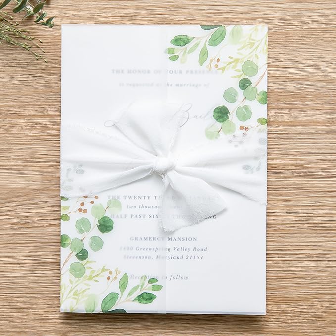 PONATIA 50 PCS Vellum Jackets for 5x7 Invitation Cards- 135GSM Green Eucalyptus Vellum Sleeves, Wedding Invitations Wraps Transparent Christmas Gift Cards Jackets
