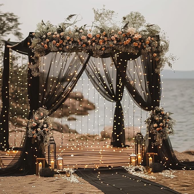 Fomcet Black Tulle Backdrop Curtains with Lights String 10FT X 8FT Sheer Curtain with Lights Tulle Curtains Backdrop for Wedding Birthday Party Baby Shower Photo Shoot (2 Panels 5x8FT)