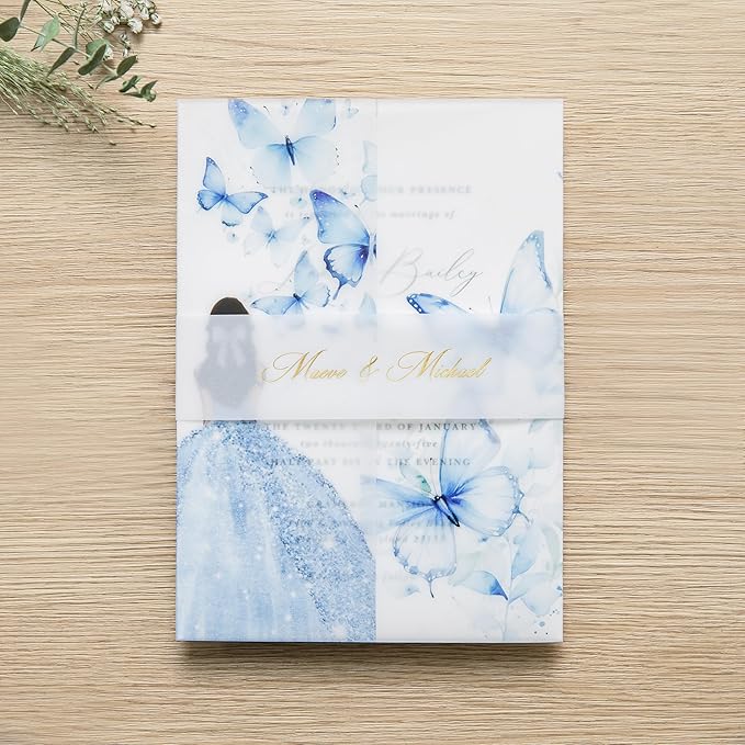 PONATIA 50 PCS Vellum Jackets for 5x7 Invitations - Vellum Paper 5x7 Jackets - 135GSM Blue Girl Butterfly Quinceanera Invitations Wraps - Transparent Cards