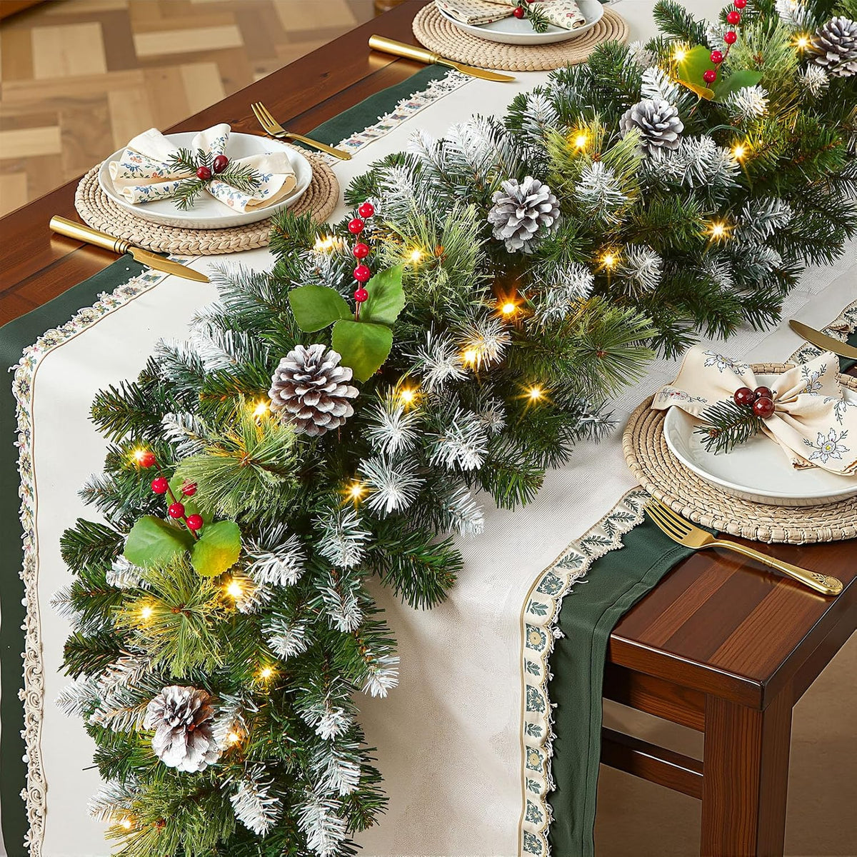 shareconn 2pcs 9ft prelit artificial christmas garland with, front angle view