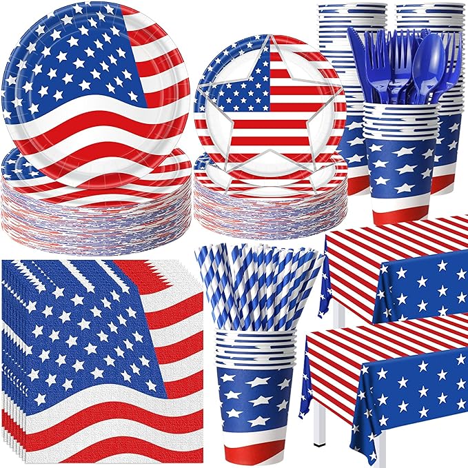452 Pcs American Flag Party Supplies Veterans Day Decorations for 50 Guests, Patriotic Paper Plates Napkins Cups Tablecloth Cutlery Straws for USA 4th of July Party Supplies