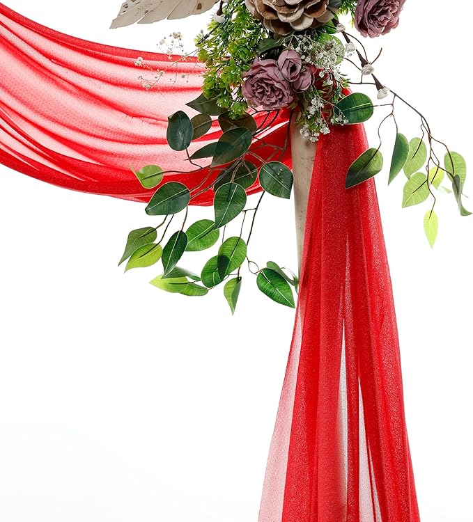 VDS Pack of 2 Panel (30 Inch X 30 Feet) Wedding Arch Draping Fabric Sheer Chiffon Fabric Drapery for Wedding Ceremony Reception Swag Backdrop Canopy Chuppah ARBO Altars Decoration (Red)