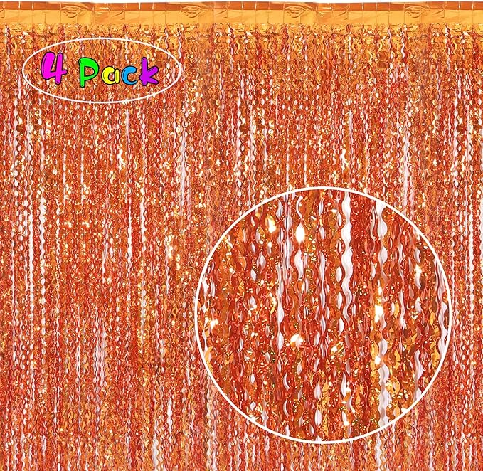 4 Pack Orange Wavy Metallic Tinsel Foil Fringe Curtains | 3.3 ft x 6.6 ft Party Streamer Backdrop Photo Booth for Orange Basketball Party Decorations Holloween Christmas