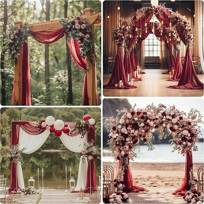 Wedding Arch Draping Fabric 4 Panels 28.7" x 20FT Burgundy Sheer Chiffon Backdrop Drapes for Wedding Ceremony Birthday Party Bridal Shower Outdoor Decoration