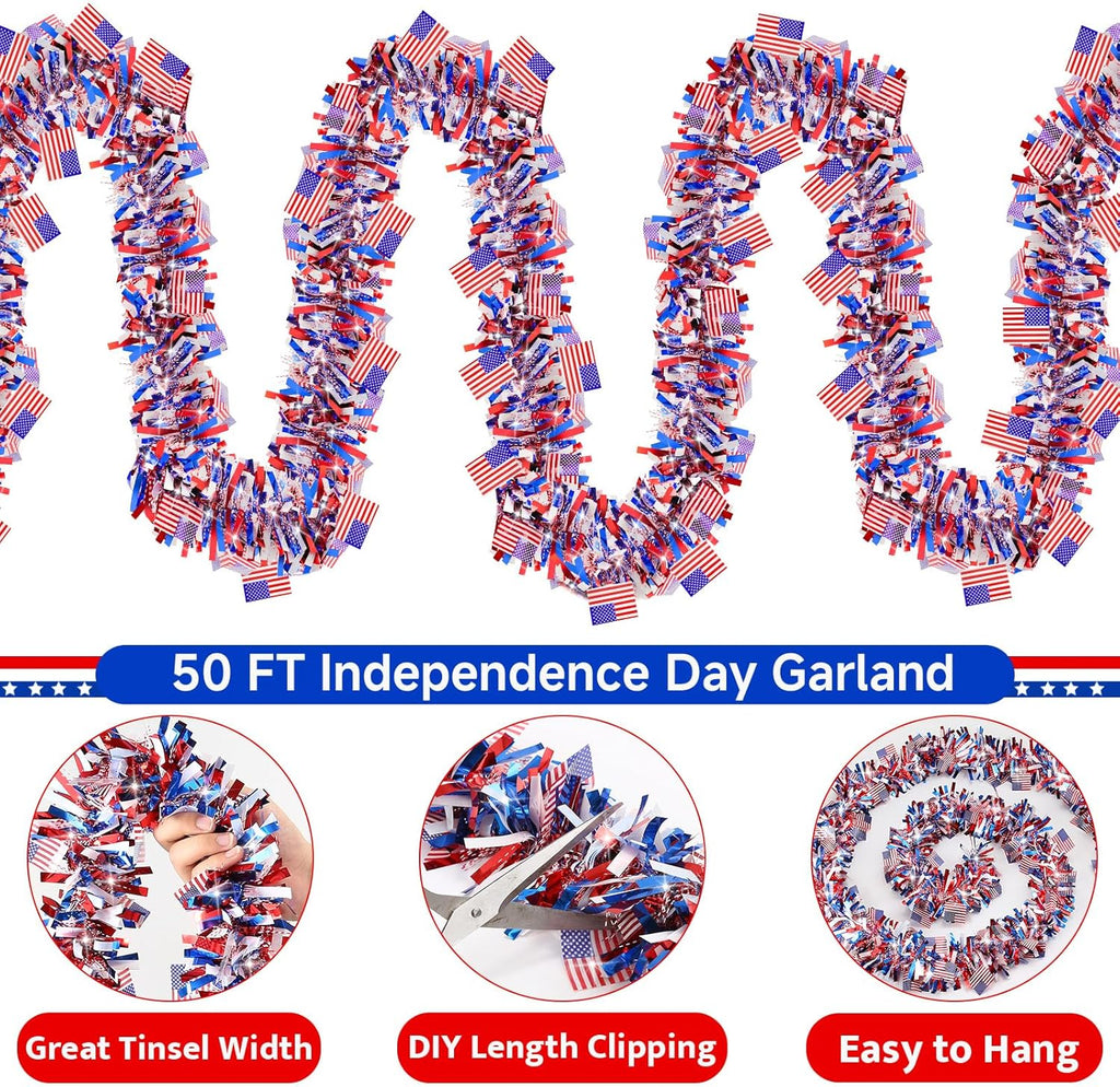 50 FT 4th of July Tinsel Garland Decorations, USA Flag Garlands Patriotic Decor for Memorial Day Independence Day 4th of July Indoor Outdoor Home Porch Red White and Blue Decor Supplies