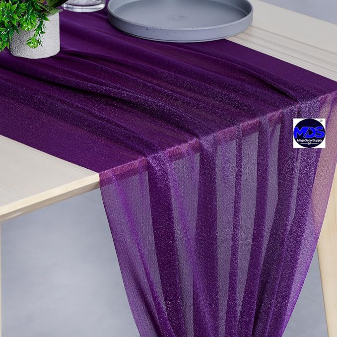 MDS 2 Pack 14ft Chiffon Table Runner 29 x 170 Inches Sheer Wedding Runner Romantic Rustic Table Runner for Wedding Decorations, Birthday Parties, Bridal Shower Party Arch Decor - Cadbury Purple