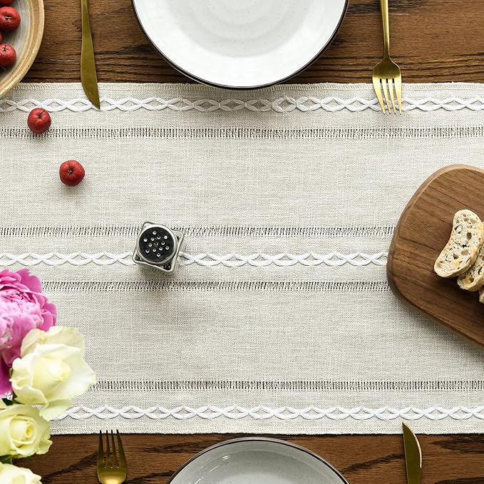 Artoid Mode Beige Rustic Cotton Linen Table Runner, Seasonal Embroidered Hollow Kitchen Dining Table Decoration for Home Party Decor 13x72 Inch