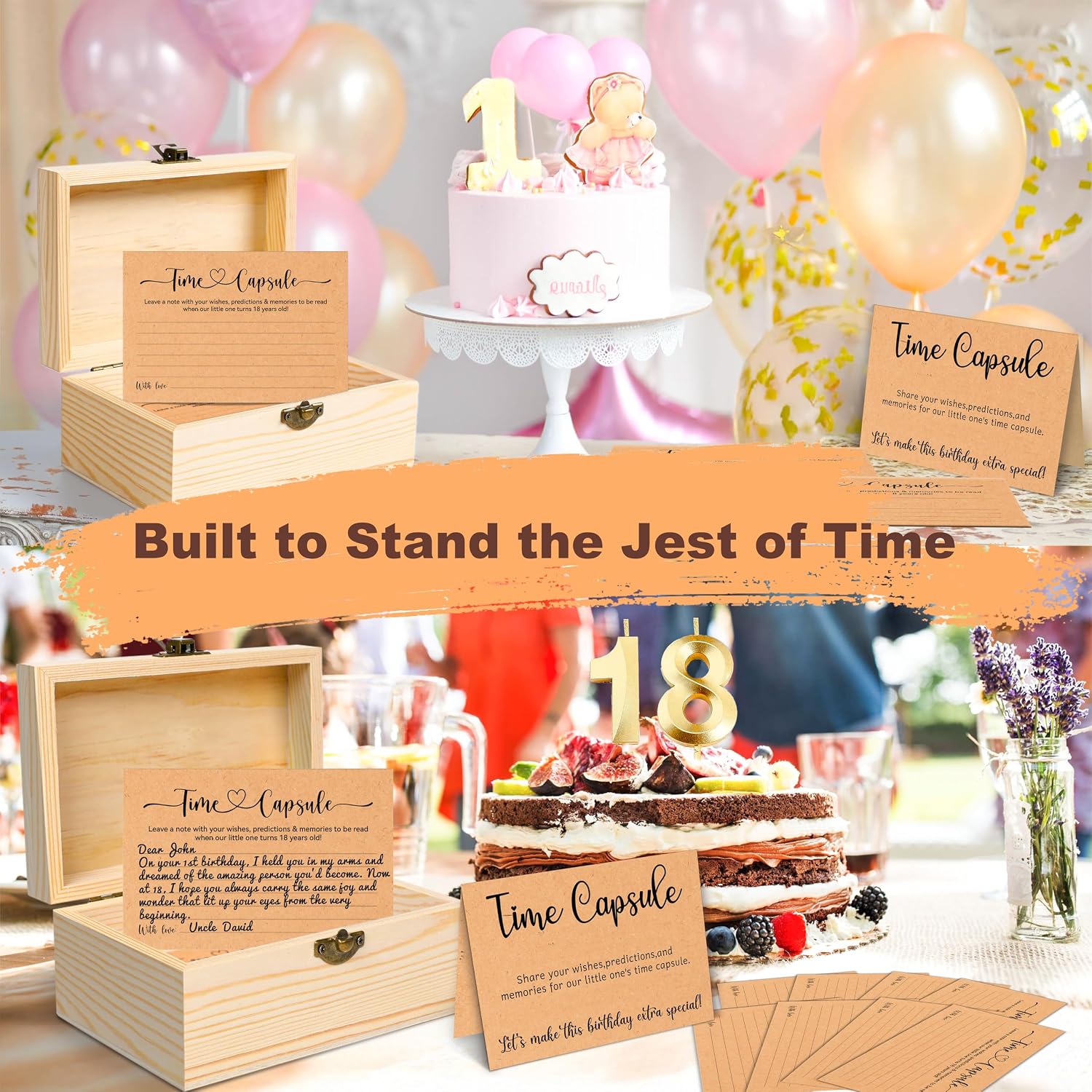 Time Capsule Box 1st Birthday, Baby Time Capsule Kit with 50 Cards, Party Games & Guest Activities, Baby Shower Decor Storage Box, Memorial Blessing Quotes Keepsake Gift