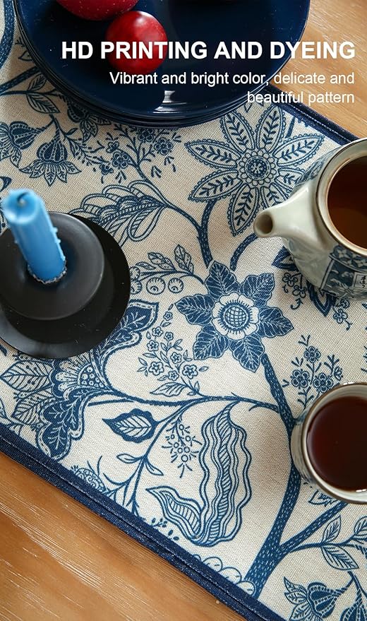 ISAENNE Designer Chinoiserie Elegant Linen Table Runner 87 Inches Long,Blue Floral Pattern Decor Table Runners for Thanksgiving,Dining Room,Banquet,Kitchen Tables,Christmas,12"*87"-Ruyi B