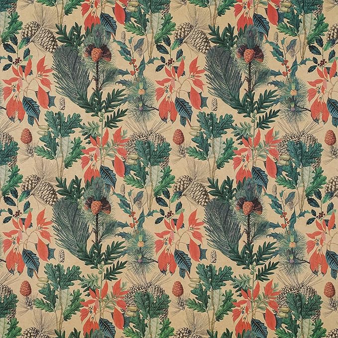 RUSPEPA Kraft Christmas Wrapping Paper Roll, Mini Roll, Watercolor Winter Botanical Design with Pinecones, Holly and Poinsettia, Kraft Gift Wrap for Xmas Holiday, Winter Party, 17 Inches x 16.4 Feet