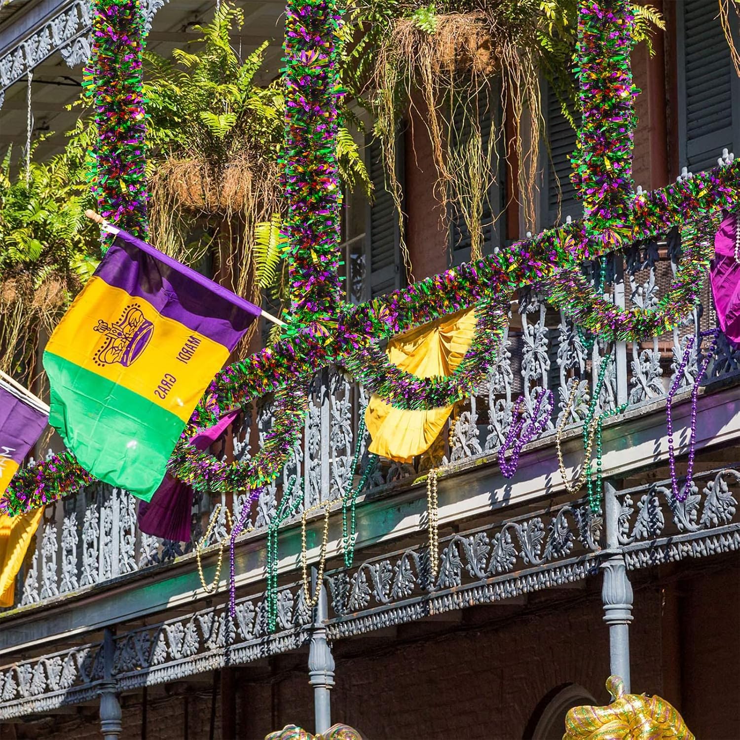 Mardi Gras Tinsel Garland Metallic Tinsel Twist Garland Shiny Carnival Party Hanging Decorations for Mardi Gras Party Indoor and Outdoor Decoration