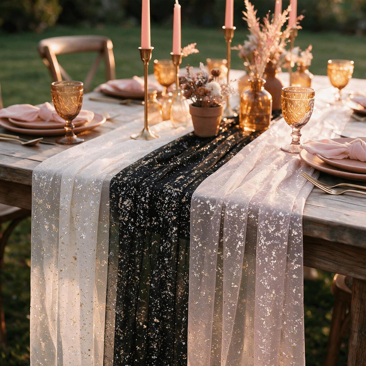 Artoid Mode 6PC Beige Black Pink Gauze Table Runner 120 Inch 10FT, Glitter Me...