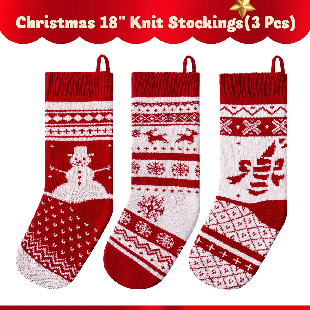 JOYIN 3 Pack 18" Knit Christmas Stockings, Burgundy/White Knitted Large Rustic Yarn Xmas Stockings, Snowflakes/Snowmen/Reindeers Character for Family Holiday Decorations, Wall, Staircase Decoration