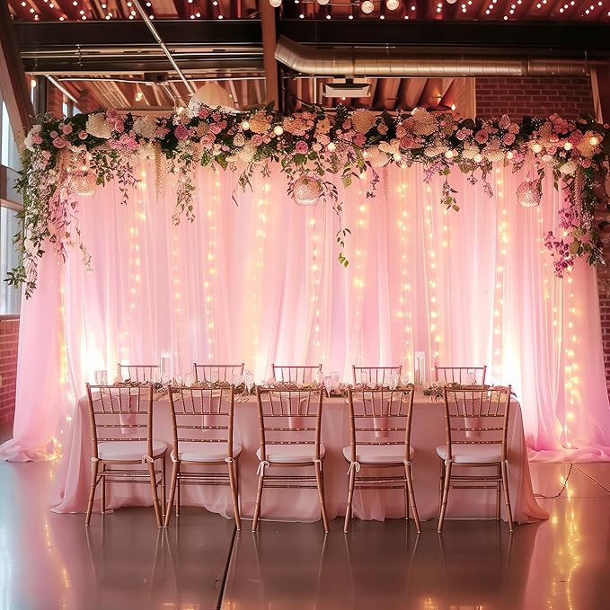 Tulle Backdrop Curtain with Lights String 10FT X 8FT Pink Sheer Tulle Backdrop Curtains for Wedding Birthday Party Reception Photo Booth Background Decorations (2 Panels 5x8FT)