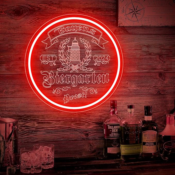 Custom Bar Neon Sign for Biergarten, Personalized LED Beer Barrel Wheat Signs for Wall Decor, Customizable Biergarten Signs for Men Dad Husband Gifts, Man Cave Home Bar Pub Tavern Bistro Business