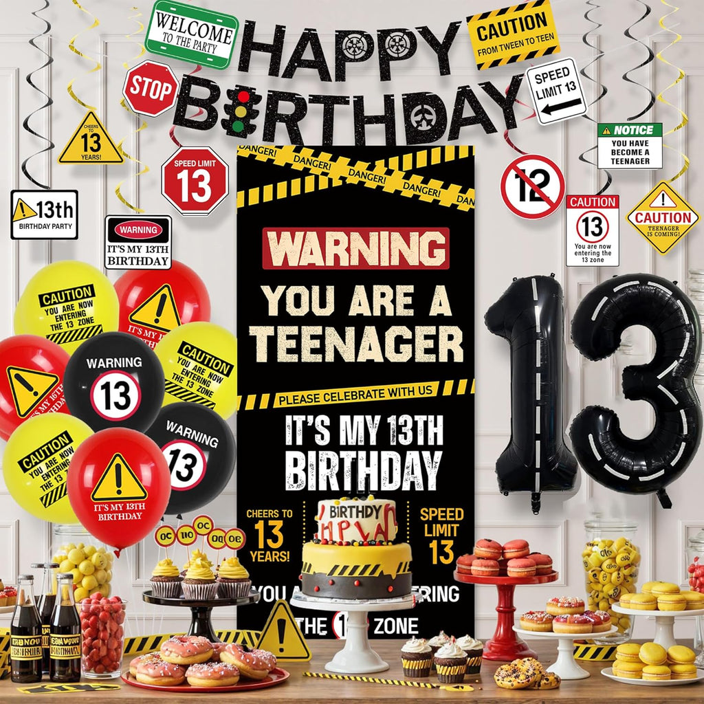 Roetyce 13th Birthday Decorations Boys Girls, Black Happy 13th Birthday Banner Backdrop Balloons Hanging Swirls, Caution Logo Themed Teenager 13 Years Old Party Yard Door Wall Cover Background