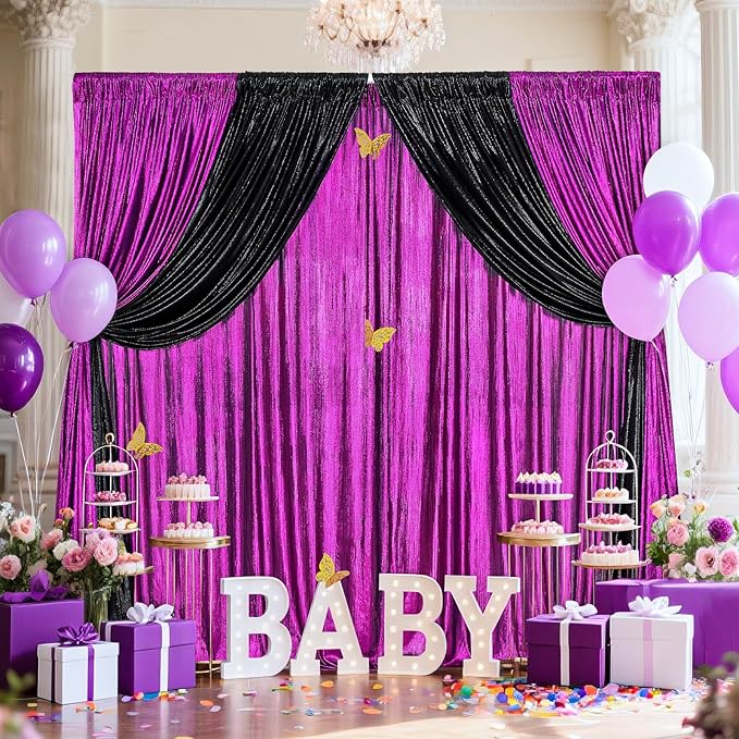 Glitter Sequin Backdrop Curtains for Halloween - 19.2x8FT Wrinkle-Free Glitter Drapes Purple Photo Backdrop Drapes for Wedding Birthday Photography Background 4 Panels 4.8x8FT