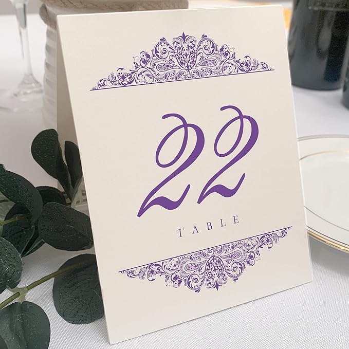 Paisley Wedding Table Numbers (Select Color/Quantity), Champagne, Purple, 1-25, Double Sided, Tent or Use in a Stand, Great for Parties & Restaurants - Made in the USA