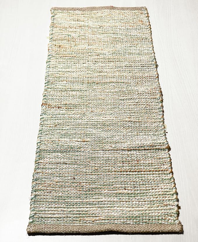 Chardin home Natural Jute Table Runner 13x48 Inch – Vintage Boho Rustic Table Decor – Handwoven Table Runner in Natural Jute and Sage Green-White – Farmhouse Dining or Console Table Accent
