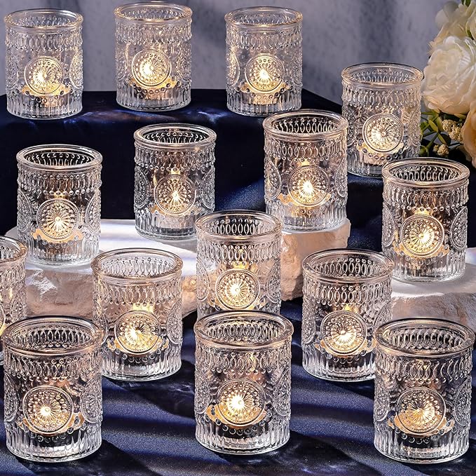 DARJEN Clear Votive Candle Holders Set of 36- Glass Candle Holders Bulk for Tea Light Candle, Embossed Candle Votives for Wedding Centerpiece, Living Room & Home Table Decor