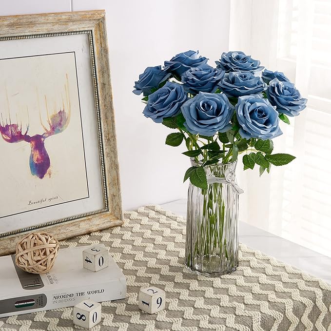 Artificial Rose 10pcs Open Flower Bouquet Faux Rose Stems for Wedding Arrangement, Bridal Bouquet, Centerpiece, Fake Faux Silk Flowers (Dusty Blue)