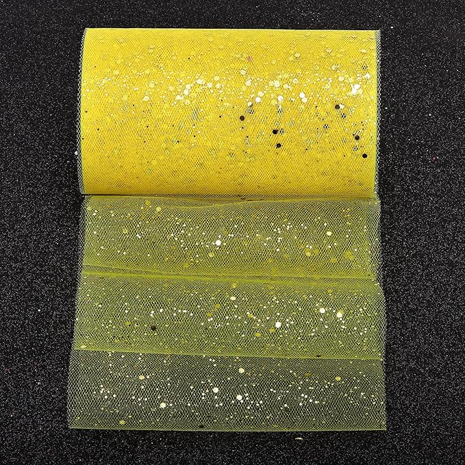 Glitter Tulle Rolls, 6” by 50 Yards (150FT) Sparkling Tulle Spool Ribbon Sequin Tulle Netting Fabric for Tutu Skirt Wedding Birthday Baby Shower (Yellow)